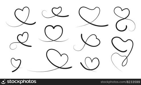 Line hearts, curved heart calligraphy element. Black liner or brush swoosh, lettering tails isolated vector set. Decor valentines day cards, love and romantic design of element heart line decoration. Line hearts, curved heart calligraphy element. Black liner or brush swoosh, lettering tails isolated vector set. Decor valentines day cards, love and romantic simple design