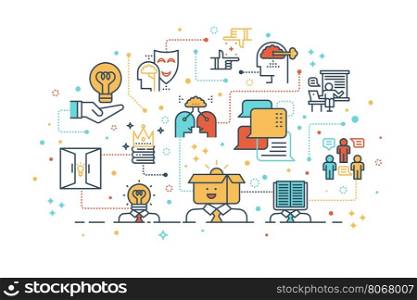 Line icon design illustration of creative learning and thinking concept, isolated on white background