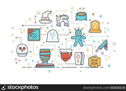 Line icon design illustration of spooky halloween ghost friends concept, isolated on white background