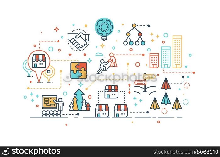 Line icon design illustration of startup franchise business concept, isolated on white background