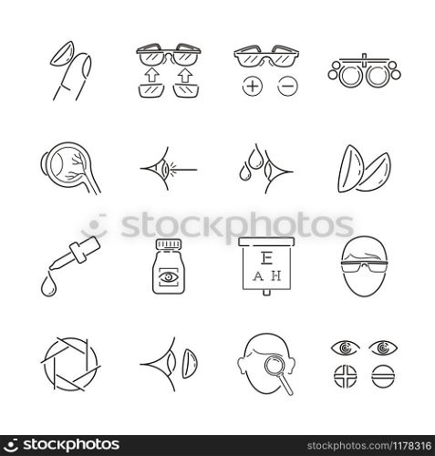 Line icon for medical optic, ophthalmologist, optometrist, optician and oculist. Clean, clear, modern and minimalist. Include eyeglasses, contact lens, retina, laser, eye exam and other icon.