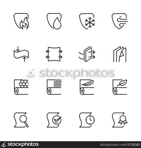 Line icon for textile or fabric material. Contain function, characteristic and more. Editable stroke vector, isolated at white background.