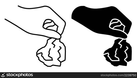 Line icon. Hand throws used paper napkin into trash. Disposal and recycling of household waste. Simple black and white vector isolated on white background