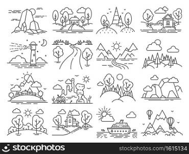 Line icon landscape. Outline cabin in forest, mountain, sea linear, air balloons in sky and lighthouse. Nature country tourism vector set. Illustration nature forest, natural mountain and lighthouse. Line icon landscape. Outline cabin in forest, mountain, sea linear, air balloons in sky and lighthouse. Nature and country tourism vector set
