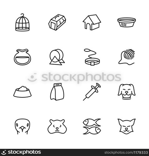 Line icon of pet, contain pet activity and related to pet shop or pet care. Include dog, cat, hamster, bird and fish. Editable stroke and isolated at white background vector.