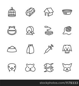 Line icon of pet, contain pet activity and related to pet shop or pet care. Include dog, cat, hamster, bird and fish. Editable stroke and isolated at white background vector.