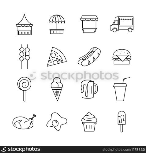 Line icon related of street food, food festival, food truck and party. Contain store display and popular street food sample. Editable line stroke vector.