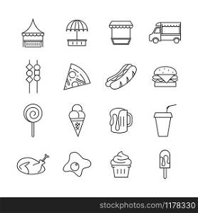 Line icon related of street food, food festival, food truck and party. Contain store display and popular street food sample. Editable line stroke vector.