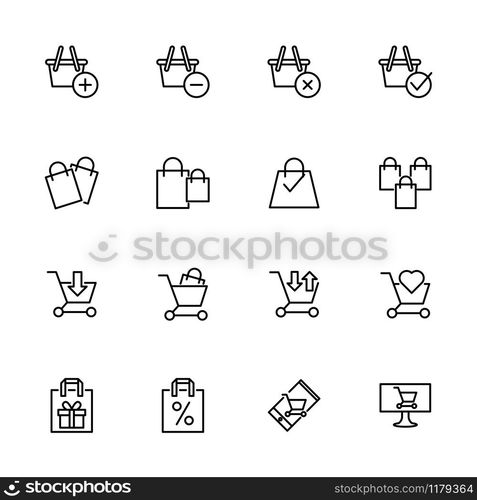 Line icon related to e commerce trolley and bag with activity illustration. Editable vector stroke, isolated at white background