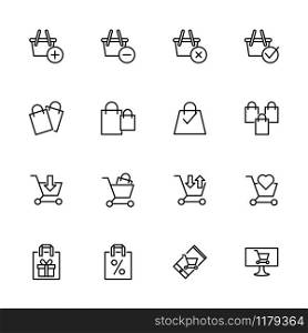 Line icon related to e commerce trolley and bag with activity illustration. Editable vector stroke, isolated at white background