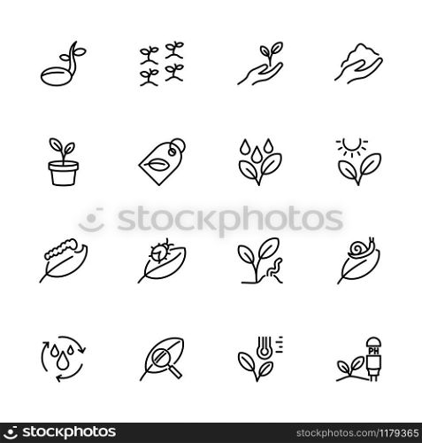 Line icon set agriculture activity contain planting process, soil, fertilizer, insect and technique. Editable stroke vector, isolated at white background