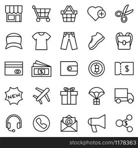 Line icon set for clothing e-commerce website. Contain purchase method, item category, payment method, shipment method, marketing program and communication method. Editable stroke, vector isolated
