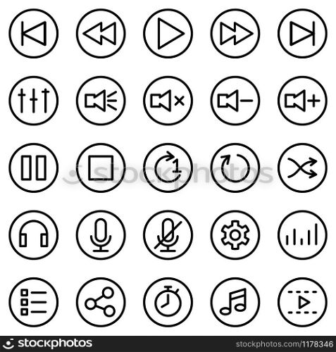 Line icon set for media player software or application. Contain 25 symbol related for user interface button. Editable stroke vector. Isolated at white background