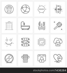 Line Icon Set of 16 Modern Symbols of bin, scale, minus, scale, pen Vector Illustration