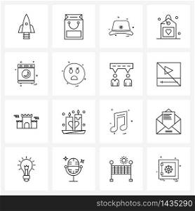 Line Icon Set of 16 Modern Symbols of electronics, laundry, hat, washing machine, tag Vector Illustration