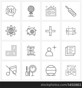 Line Icon Set of 16 Modern Symbols of globe, gear, lab, outdoor, healthy Vector Illustration