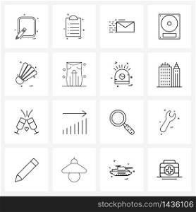 Line Icon Set of 16 Modern Symbols of play, disk, communication, floppy drive, support Vector Illustration