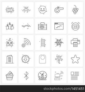 Line Icon Set of 25 Modern Symbols of food, sports, emote, soccer, referee Vector Illustration