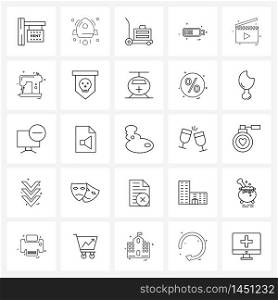 Line Icon Set of 25 Modern Symbols of sewing, audio, transport, movie, battery Vector Illustration