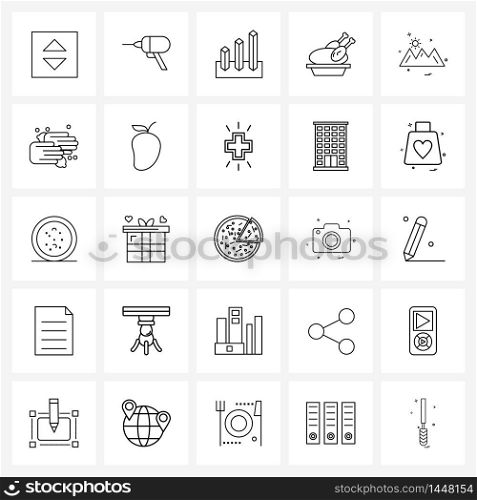 Line Icon Set of 25 Modern Symbols of sun, mountains, analysis, meal, roast Vector Illustration