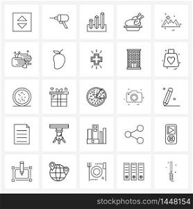 Line Icon Set of 25 Modern Symbols of sun, mountains, analysis, meal, roast Vector Illustration