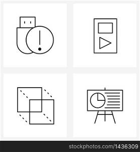 Line Icon Set of 4 Modern Symbols of alert, geometry, flash, play, chart Vector Illustration
