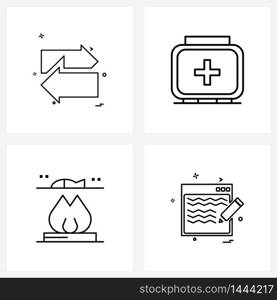 Line Icon Set of 4 Modern Symbols of arrow, camping, left, first aid, fire Vector Illustration