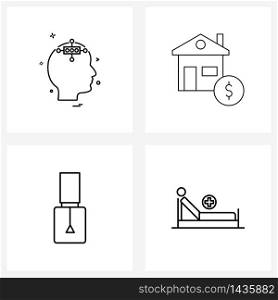 Line Icon Set of 4 Modern Symbols of brain, cosmetics, artificial intelligence, money, manicure Vector Illustration