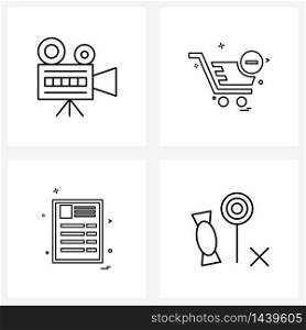 Line Icon Set of 4 Modern Symbols of camera, doc, video, cart, text Vector Illustration