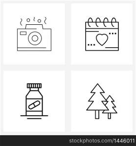 Line Icon Set of 4 Modern Symbols of camera, wedding date, picture, date, capsule Vector Illustration