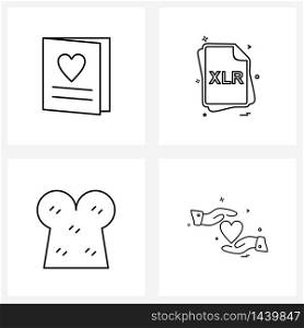 Line Icon Set of 4 Modern Symbols of card, bred, romantic, file type , kitchen Vector Illustration