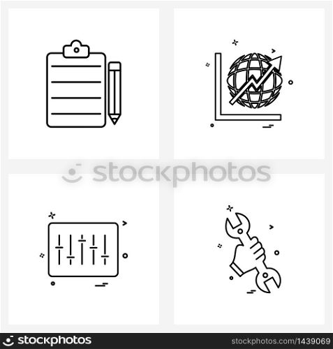 Line Icon Set of 4 Modern Symbols of clipboard with pencil, sound, graph, business, wrench Vector Illustration