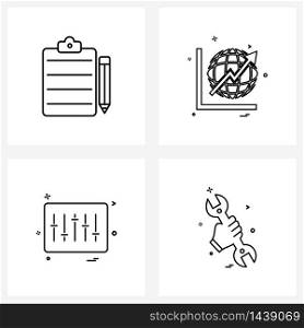 Line Icon Set of 4 Modern Symbols of clipboard with pencil, sound, graph, business, wrench Vector Illustration