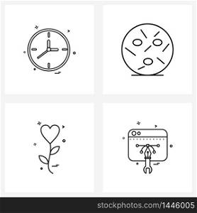 Line Icon Set of 4 Modern Symbols of clock, heart flower, minutes, eye, love Vector Illustration