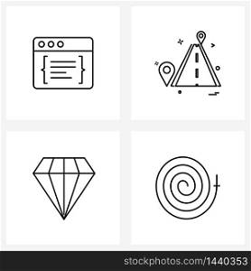 Line Icon Set of 4 Modern Symbols of code, diamond, development, road signs, jewelry Vector Illustration
