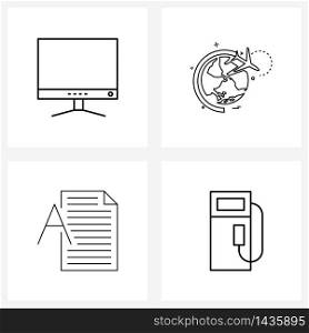 Line Icon Set of 4 Modern Symbols of computer, program, world tour, travelling, petrol Vector Illustration