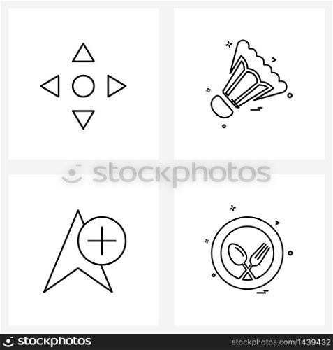 Line Icon Set of 4 Modern Symbols of direction, mouse, sports, badminton, fork Vector Illustration