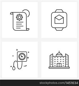 Line Icon Set of 4 Modern Symbols of document, blood pressure , smart watch, mail, tower Vector Illustration