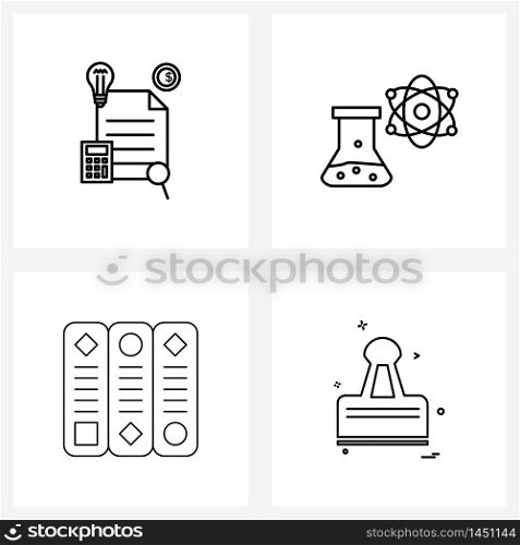 Line Icon Set of 4 Modern Symbols of document, file, coin, chemical, clip Vector Illustration