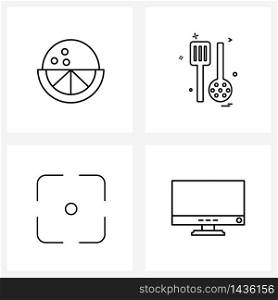 Line Icon Set of 4 Modern Symbols of fruit; frame; spoon; food item; monitor Vector Illustration
