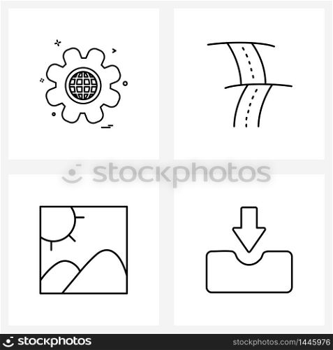 Line Icon Set of 4 Modern Symbols of gear, gallery, world, travel, downloading Vector Illustration