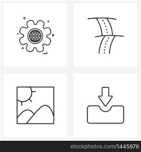 Line Icon Set of 4 Modern Symbols of gear, gallery, world, travel, downloading Vector Illustration