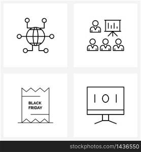 Line Icon Set of 4 Modern Symbols of globe; black; presentation; meeting; computer Vector Illustration