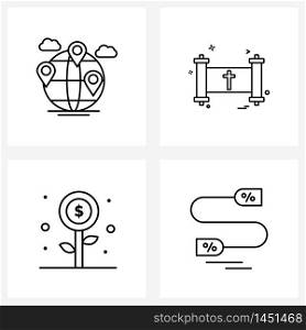 Line Icon Set of 4 Modern Symbols of globe, growth, map pointer, religion , profit Vector Illustration