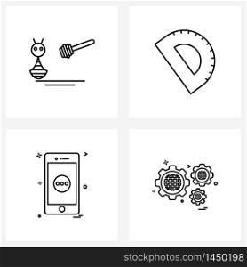 Line Icon Set of 4 Modern Symbols of honey bee, mobile phone, nectar, geometry, gear Vector Illustration