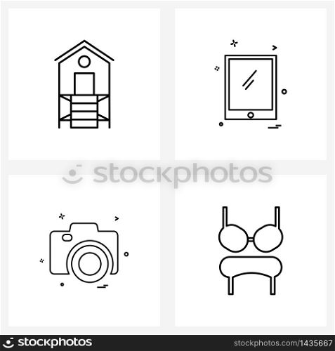Line Icon Set of 4 Modern Symbols of house; camera ; smart phone; photo; bikini Vector Illustration