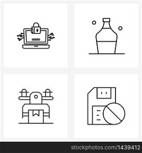 Line Icon Set of 4 Modern Symbols of laptop security, drone shipping, bottle, drone delivery, save Vector Illustration