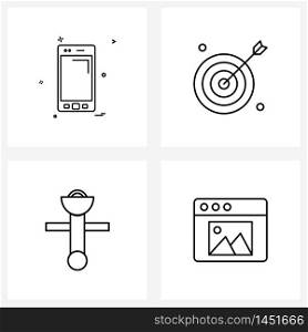 Line Icon Set of 4 Modern Symbols of mobile, booster, phone, business target, camera Vector Illustration