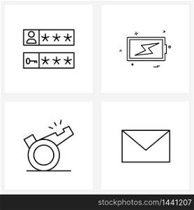 Line Icon Set of 4 Modern Symbols of password, message, battery, referee, chat Vector Illustration
