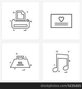 Line Icon Set of 4 Modern Symbols of printer; kilogram; device; romantic; weight Vector Illustration